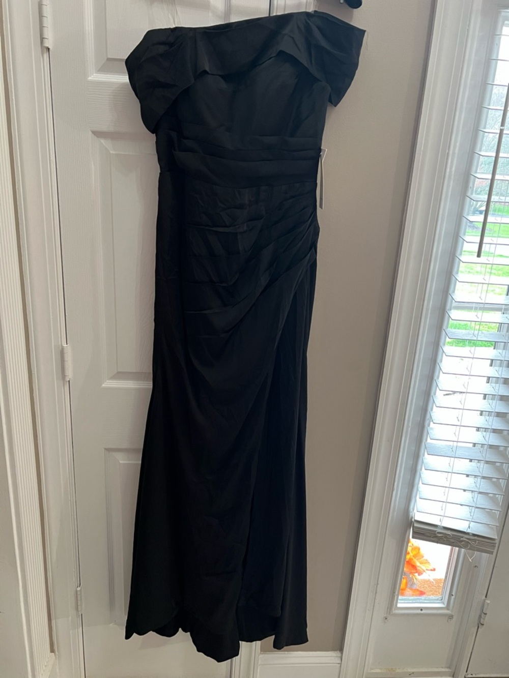 Black Strapless Ruffled Evening Gown with Corset Back